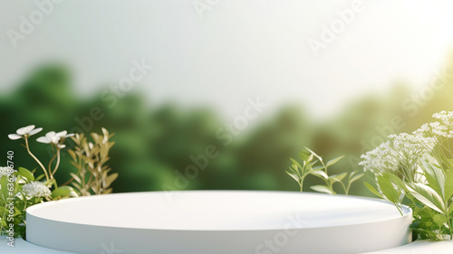 3d luxury white podium with blue nature background for your luxury product.Generative AI