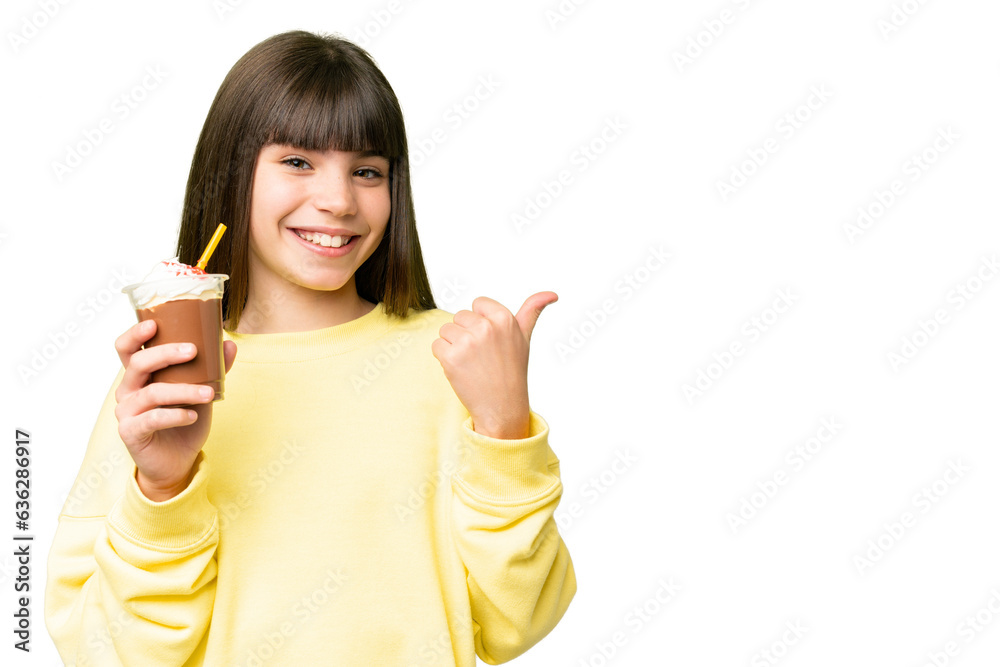 Little girl with chocolat cream over isolated chroma key background pointing to the side to present a product Little girl with chocolat cream over isolated chroma key background pointing to the side to present a product