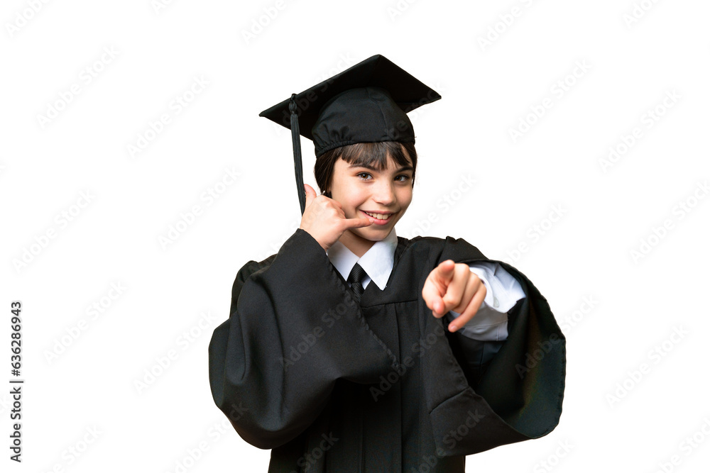Little university girl over isolated background making phone gesture and pointing front Little university girl over isolated background making phone gesture and pointing front
