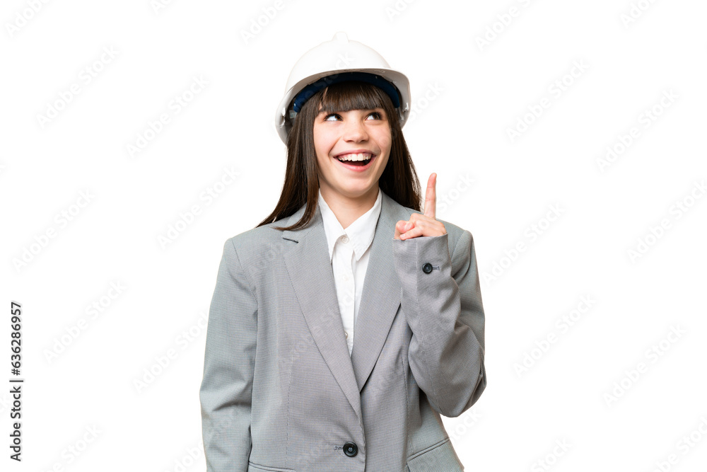 Little girl playing as a architect with helmet and holding blueprints over isolated background thinking an idea pointing the finger up Little girl playing as a architect with helmet and holding blueprints over isolated background thinking an idea pointing the finger up