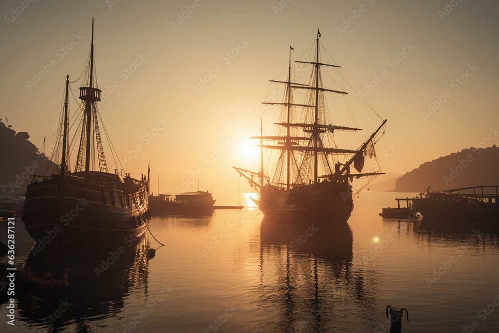 Sunrise over a moored pirate ship and a medieval ship. Generative AI