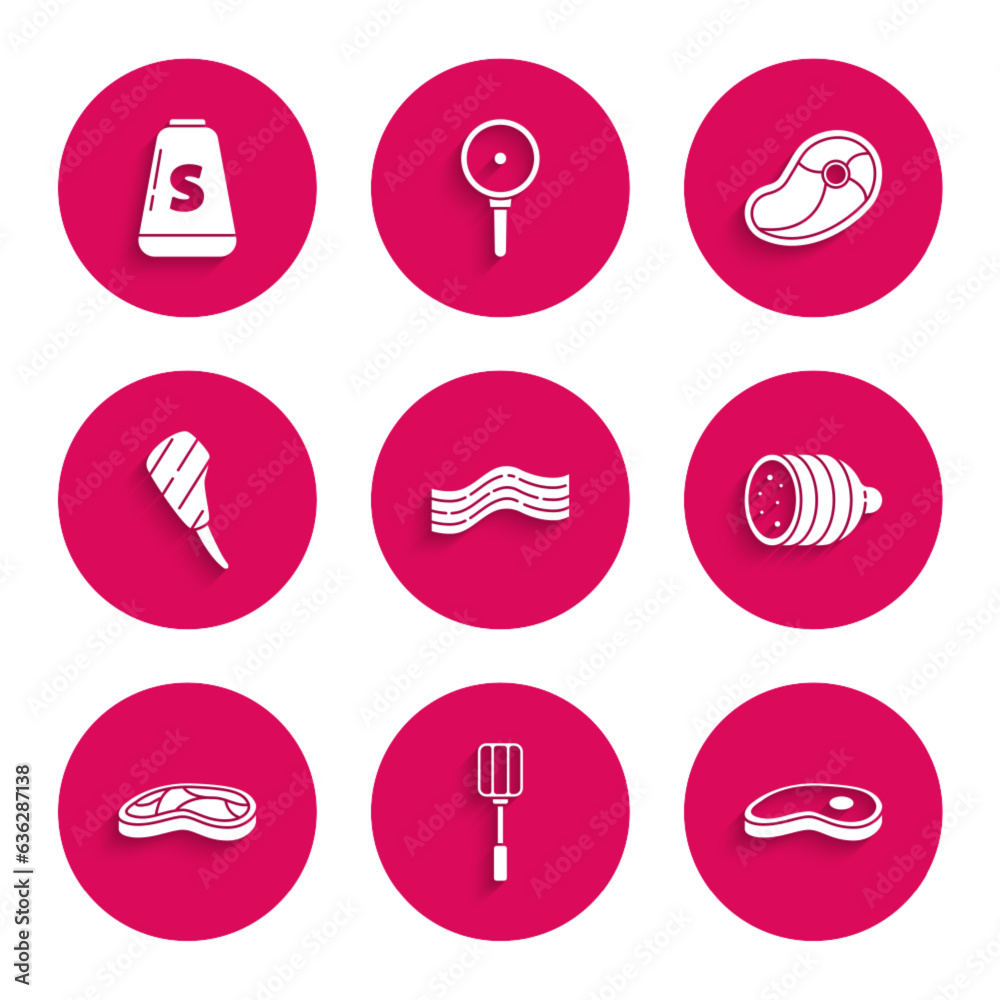 Set Bacon stripe, Spatula, Steak meat, Salami sausage, Rib eye steak, and Salt icon. Vector Set Bacon stripe, Spatula, Steak meat, Salami sausage, Rib eye steak, and Salt icon. Vector