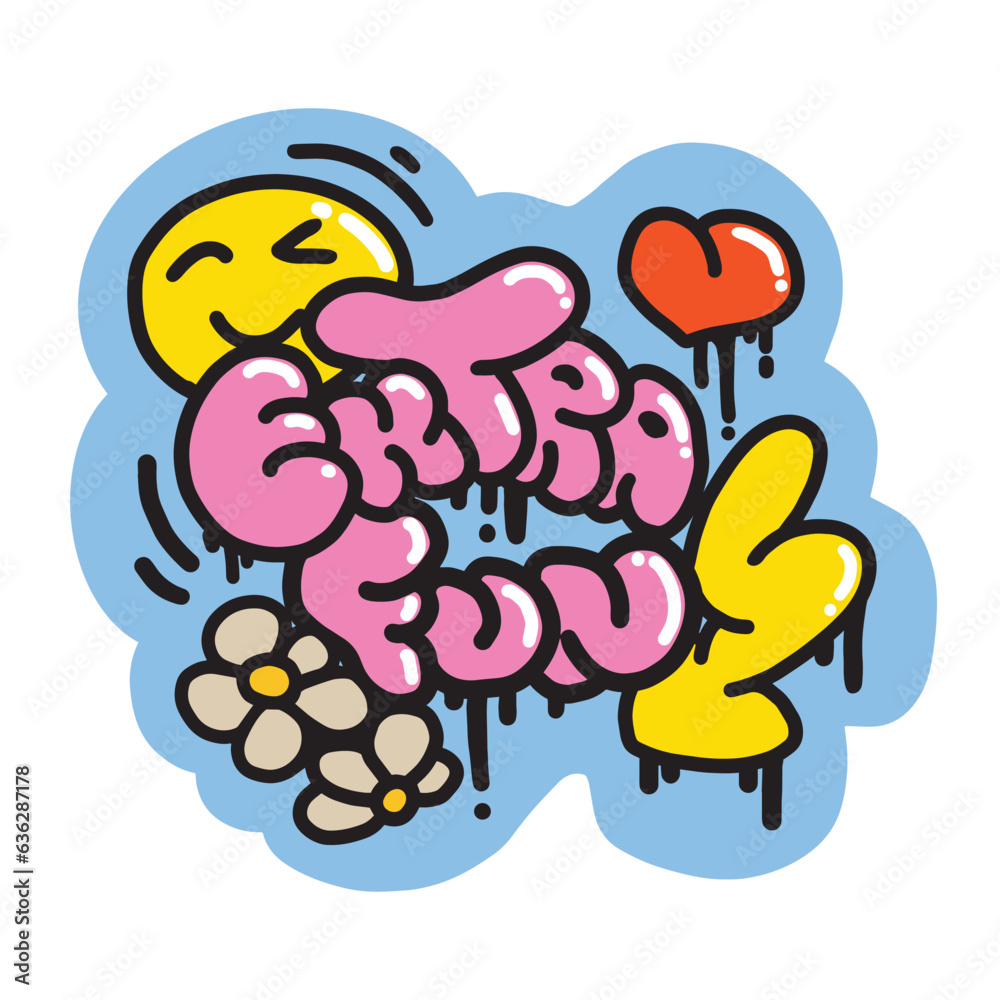 Graffiti Slogan Extra Fun with Cartoon Heart, Lightning, Daisies, Smile. Colorful Urban style Lettering. Vector illustration. Hippie Sticker for T-Shirts, Wallpaper, Case Phone. Graffiti Slogan Extra Fun with Cartoon Heart, Lightning, Daisies, Smile. Colorful Urban style Lettering. Vector illustration. Hippie Sticker for T-Shirts, Wallpaper, Case Phone.