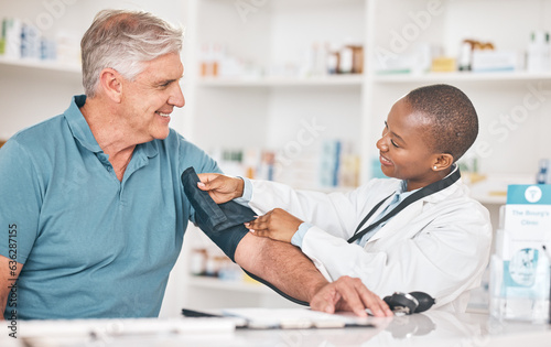 Pharmacist  senior man and blood pressure check with helping hand  test and happy for healthcare in shop. Black woman  elderly patient and medical support with exam  inspection and wellness in store