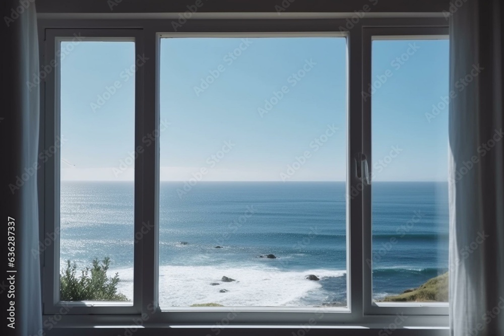 Scenic view of the ocean from a sunny window. Generative AI