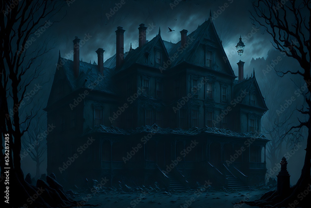 An eerie, haunted manor with a sinister presence lurking in the darkness illustration