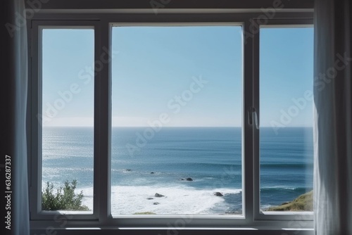 Scenic view of the ocean from a sunny window. Generative AI © Gabriela