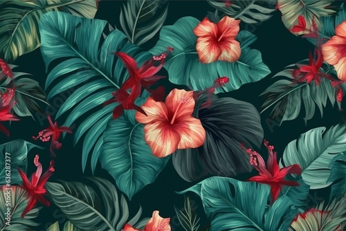 Vintage tropical pattern with hibiscus  palm  and banana leaves. Exotic background art design for luxury wallpapers and clothes. Generative AI