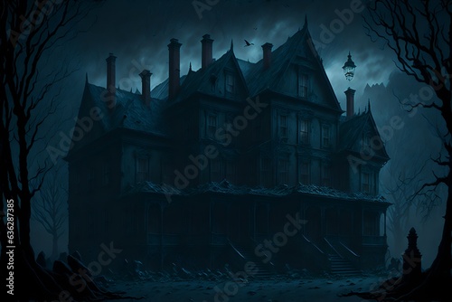 An eerie, haunted manor with a sinister presence lurking in the darkness illustration