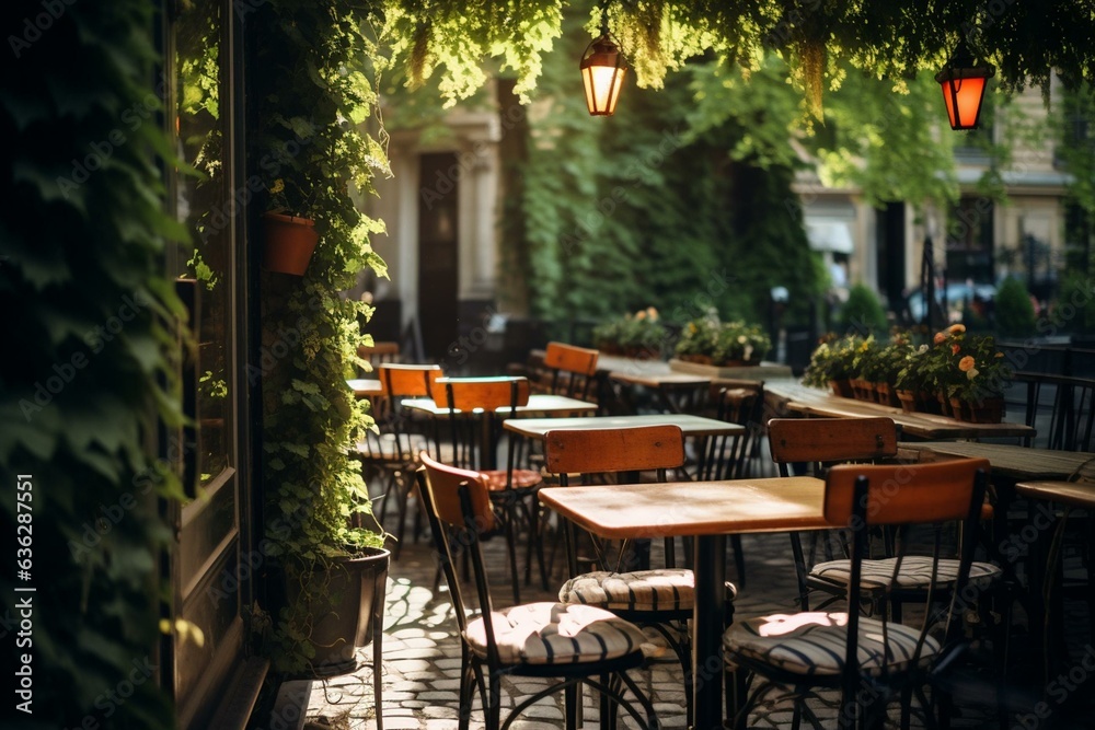 Outdoor dining area at a cafe during summer. Generative AI