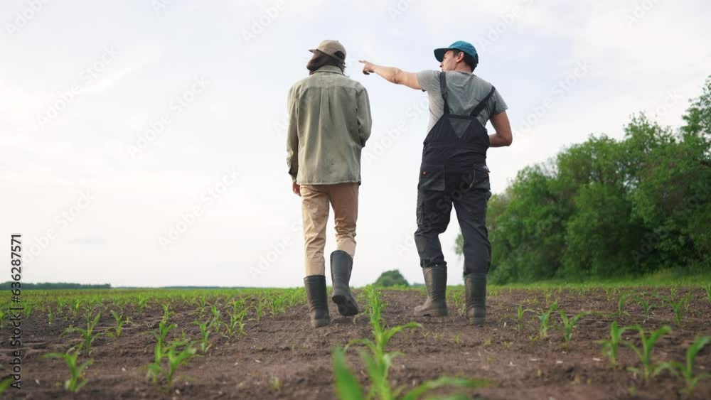 agriculture corn. two farmers walk through the fields of corn green sprouts. agriculture a business concept. two farmers work in a field of lifestyle corn examine green sprouts agriculture corn. two farmers walk through the fields of corn green sprouts. agriculture a business concept. two farmers work in a field of lifestyle corn examine green sprouts