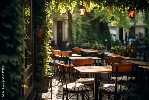 Outdoor dining area at a cafe during summer. Generative AI