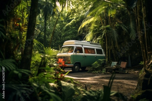 Camper van surrounded by lush tropical plants, camping beneath trees, exploring the exotic rainforest. Generative AI