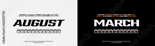 Calender names of months December, January, February, March, April, May, June, July, August, September, October, November. Modern sport speed font