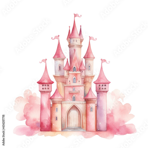 Watercolor princess castle isolated