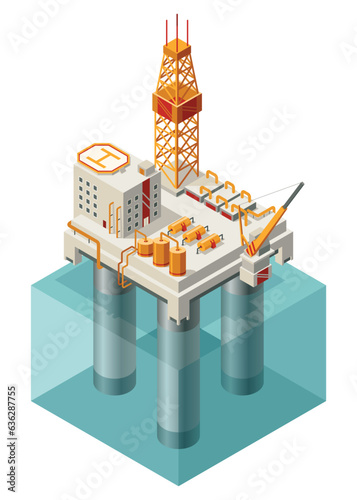 Oil gas platform isometric icon composition in water. Offshore mining elements of depot petroleum products with drilling rig platform. Facilities for extraction from under the sea bed deposits