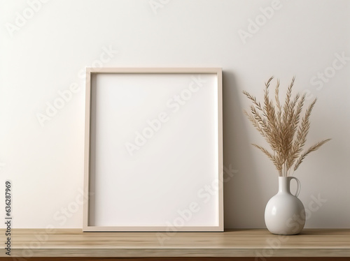 Vase with dry flowers on the table mockup