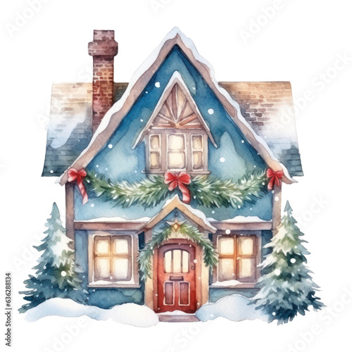 Watercolor cute Christmas house isolated