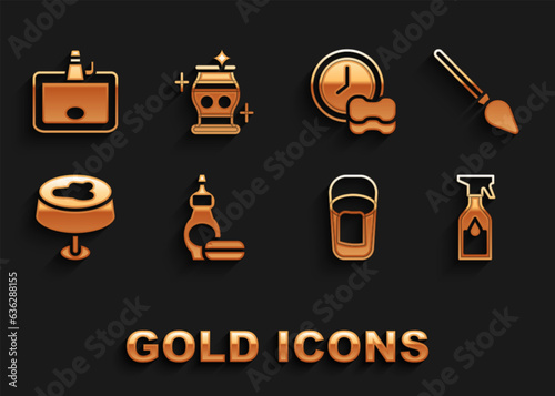 Set Dishwashing liquid bottle, Handle broom, Cleaning spray, Bucket with rag, Stain on the tablecloth, Washing dishes, Washbasin and vase icon. Vector