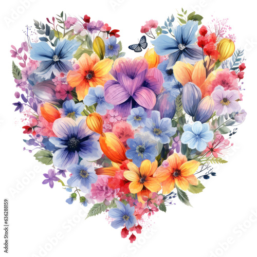 Watercolor Flowers in Shape of Heart isolated