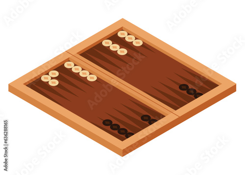 Board game, flat isometric view. Isolated colored icon of backgammon. Cartoon family table game for adults and kids for leisure and recreation. Vector illustration