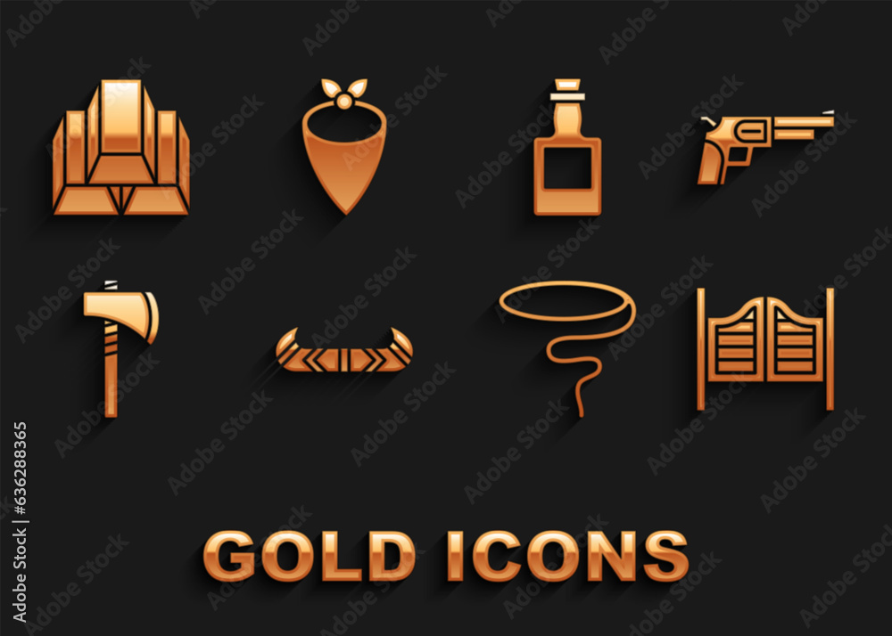 Set Kayak or canoe and paddle, Revolver gun, Saloon door, Lasso, Tomahawk axe, Tequila bottle, Gold bars and Cowboy bandana icon. Vector Set Kayak or canoe and paddle, Revolver gun, Saloon door, Lasso, Tomahawk axe, Tequila bottle, Gold bars and Cowboy bandana icon. Vector