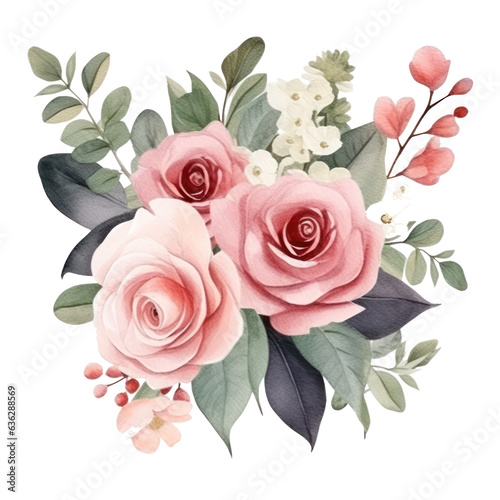 Blossoming flower bouquet of roses and euca isolated.
