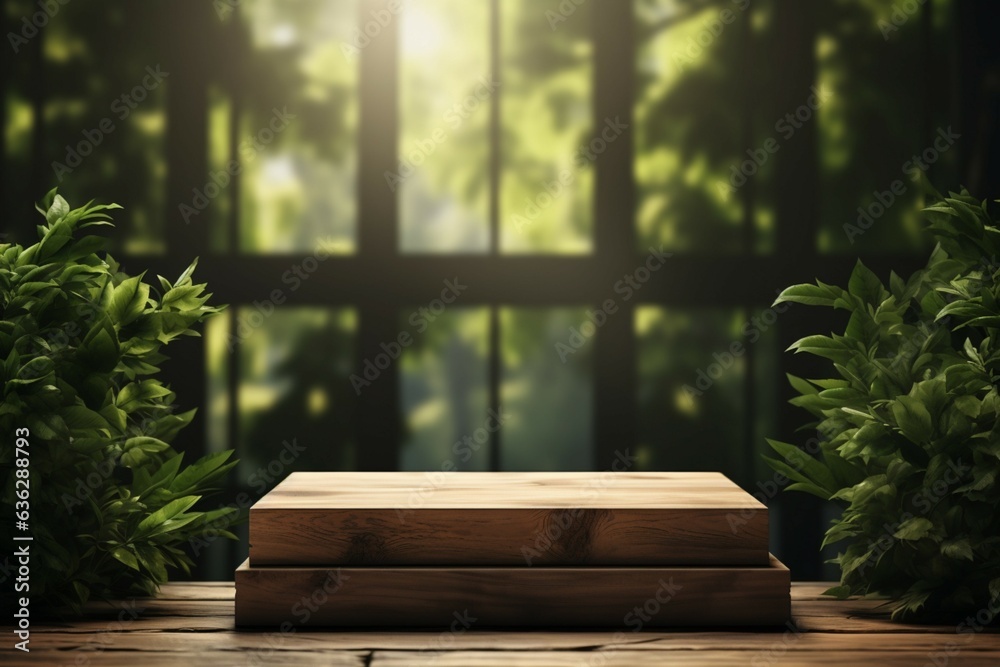 Nature inspired wooden podium with AI generated leaves backdrop, an artistic product display Generative AI