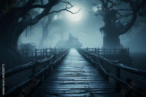 Mystical pathways wooden walkways enveloped by dense fog create an ethereal landscape Generative AI
