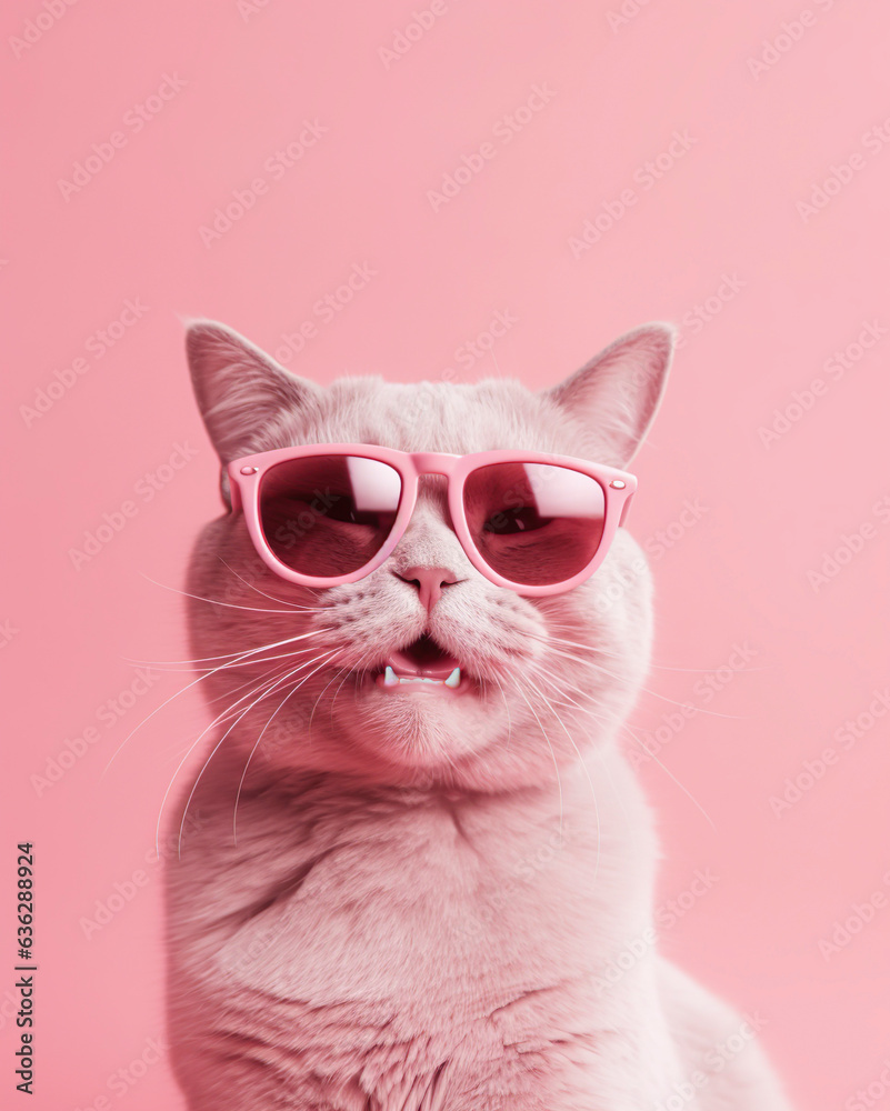 Cute cat with glasses on a pink background.