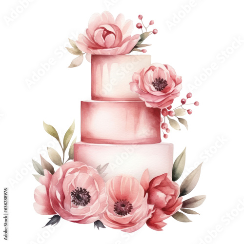 Watercolor wedding cake with flowers isolated.
