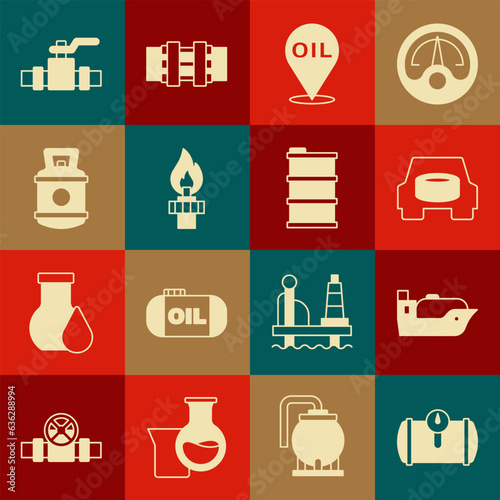 Set Gas tank for vehicle, Oil tanker ship, Spare wheel in the car, Refill petrol fuel location, rig with fire, Propane gas, Metallic pipes and valve and Barrel oil icon. Vector