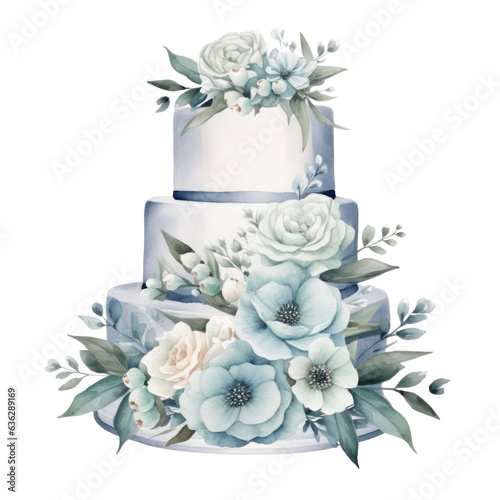 Watercolor wedding cake with flowers isolated.