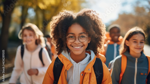 Returning Home as a Group: Multicultural Children Walk After School. photo