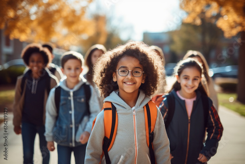 Friendship in Motion  Diverse Multietnic Group of Children Walk Together After School.