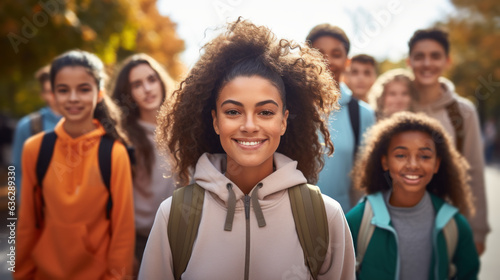 A diverse multicultural group of self-assured teenagers walk together after high school.