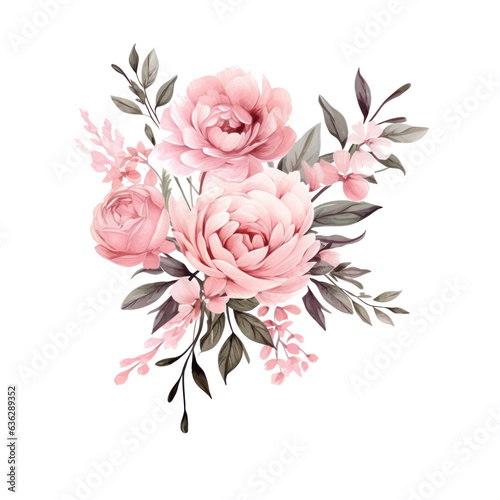 Watercolors pink flower bouquets leaf branches isolated