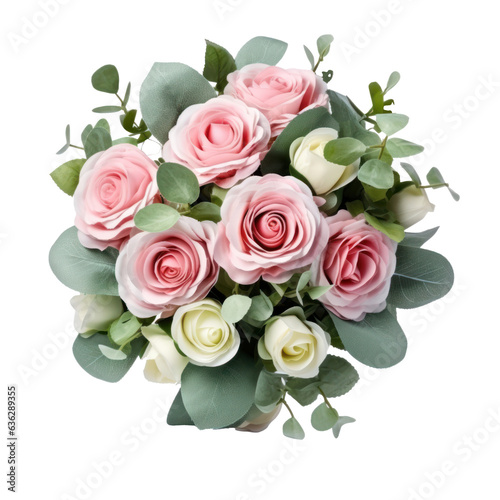Blossoming flower bouquet of roses and euca isolated.