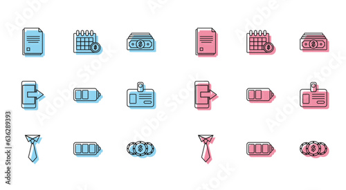 Set line Tie, Battery charge level indicator, File document, Coin money with dollar symbol, Identification badge, Smartphone, mobile phone and Financial calendar icon. Vector