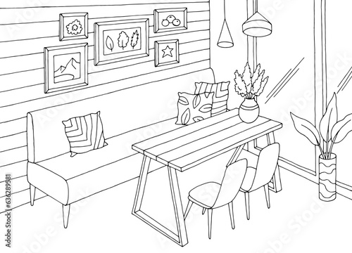 Dining room home interior graphic black white sketch illustration vector 