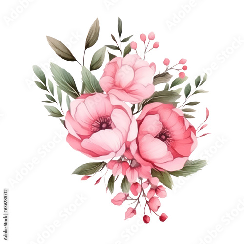 Watercolors pink flower bouquets leaf branches isolated