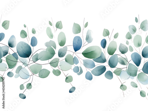 Watercolor eucalyptus leaves border isolated.