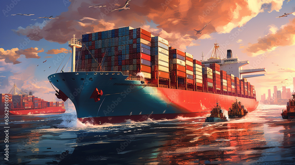 Illustration of Aerial view container cargo ship. Business concept. Generative AI - obrazy, fototapety, plakaty 
