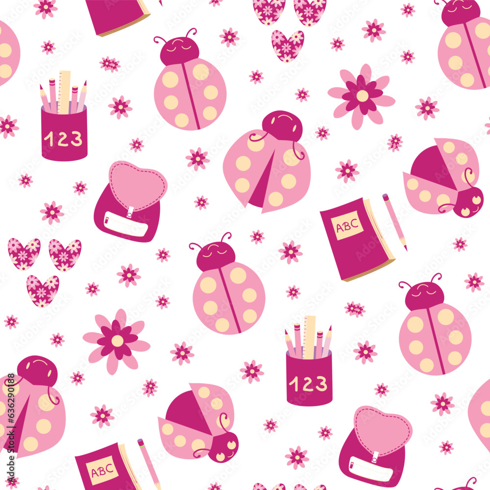 Back to school cute pink ladybugs seamless vector pattern background. Kawaii carton ladybird characters with pretty florals, pencils, school bags, ABC notebooks on white backdrop. All over print