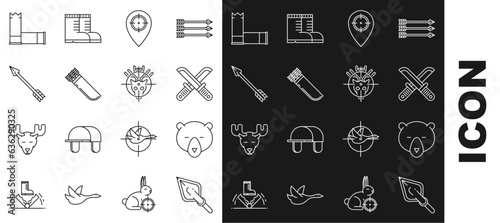 Set line Hipster arrow tip, Bear head, Crossed hunter knife, Hunt place, Quiver with arrows, Cartridges and on deer crosshairs icon. Vector