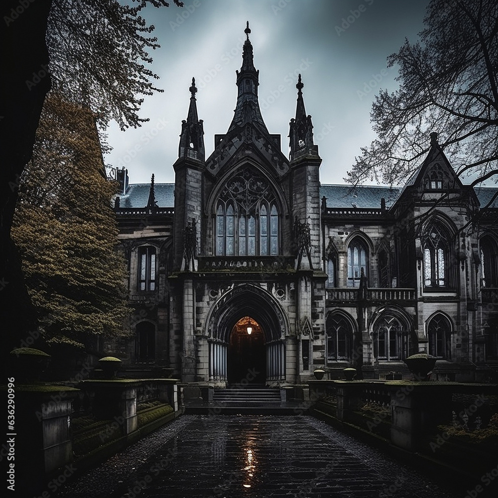 Colorful gloomy Gothic castle. High quality photo