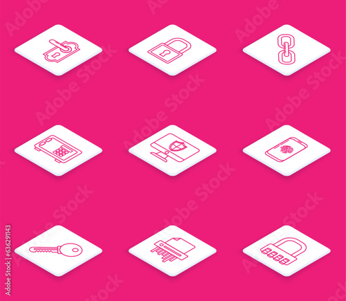 Set line Door handle, Lock, Chain link, Safe, Computer monitor shield, Smartphone with fingerprint scanner, Key and Paper shredder confidential icon. Vector