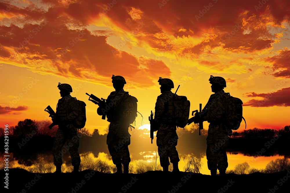 Silhouette of soldiers on the background of the setting sun. Silhouette of soldiers on the background of the setting sun.