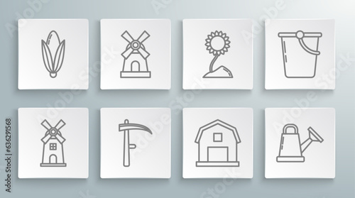 Set line Windmill, Scythe, Farm House concept, Watering can, Sunflower, Bucket and Corn icon. Vector