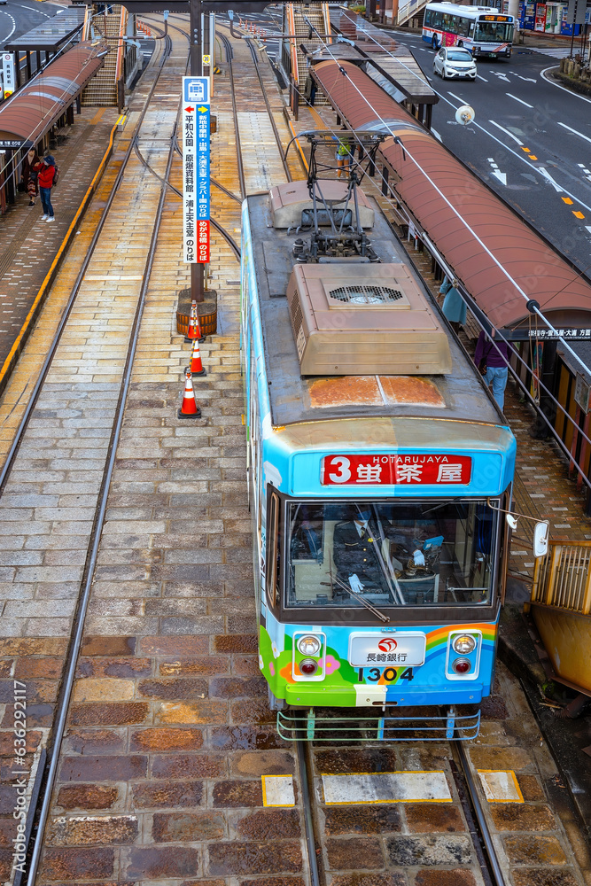 Nagasaki, Japan Nov 29 2022 Tram in Nagasaki city, it's served by 4